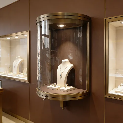 半圆形外挂橱窗珠宝展柜 轻奢拉丝金玻璃展示柜 高端珠宝店定制源头工厂