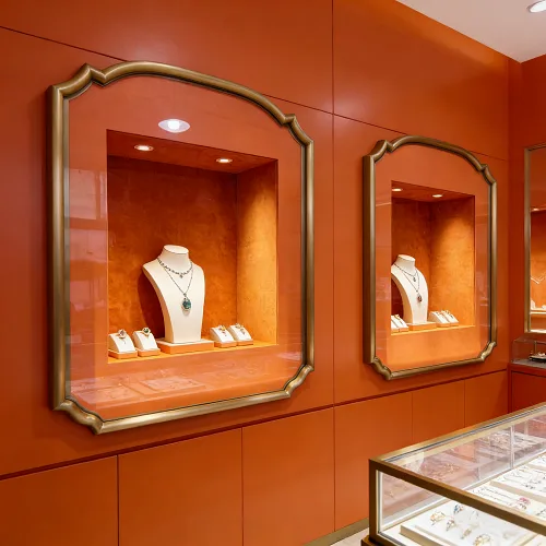法式复古嵌入式珠宝橱窗展柜 轻奢弧形边框橙色软包玻璃展示柜 源头工厂定制