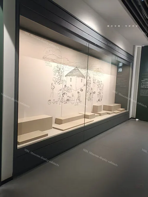 博物馆大型通柜｜全景式低反射玻璃文物展示柜 多件展品联排定制款