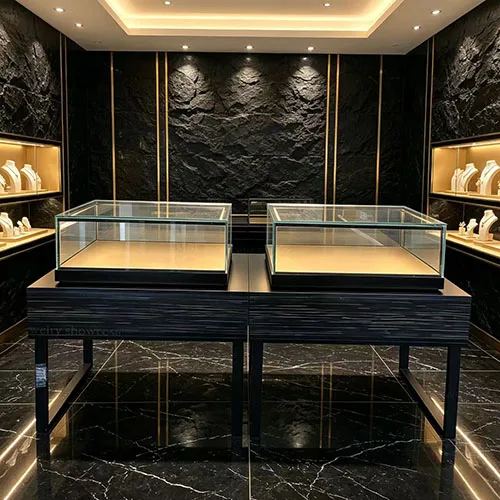 黑色木纹珠宝销售柜定制 玻璃LED展示柜 轻奢首饰店专用柜台