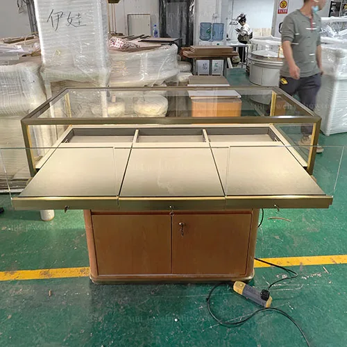 轻奢珠宝销售柜 木纹墨绿皮销售柜台 商场珠宝店接待销售柜