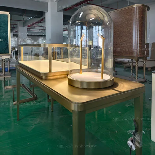 拉丝香槟金高端珠宝展示柜 轻奢玻璃罩组合珠宝销售柜 品牌门店LED展柜源头工厂