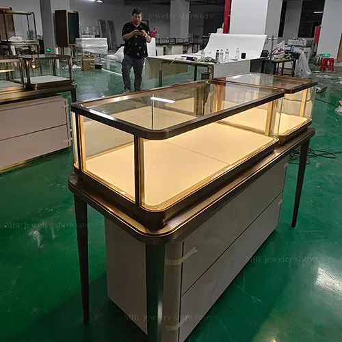 组合式珠宝门店销售柜 拉丝香槟金玻璃展示柜 首饰店LED发光销售柜台