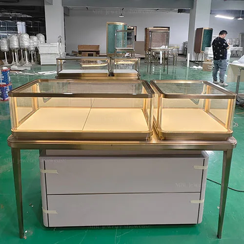 组合式珠宝门店销售柜 拉丝香槟金玻璃展示柜 首饰店LED发光销售柜台