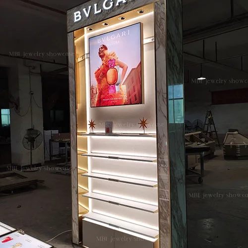 奢侈品香水展柜定制 | BVLGARI同款大理石纹香水展示柜 | 品牌美妆陈列柜源头工厂