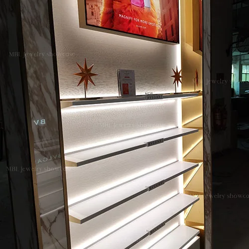 奢侈品香水展柜定制 | BVLGARI同款大理石纹香水展示柜 | 品牌美妆陈列柜源头工厂