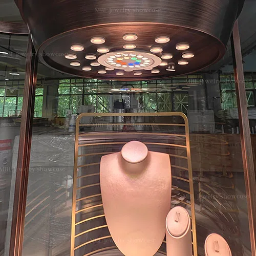 奢侈品珠宝圆柱玻璃罩展柜定制 | 高端旋转灯珠宝展示柜 | 品牌门店焦点陈列柜源头工厂