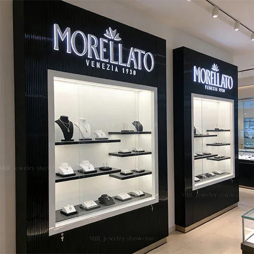 品牌珠宝落地展示柜 | 黑色竖纹LED玻璃展柜 | MORELLATO同款珠宝门店橱窗柜定制