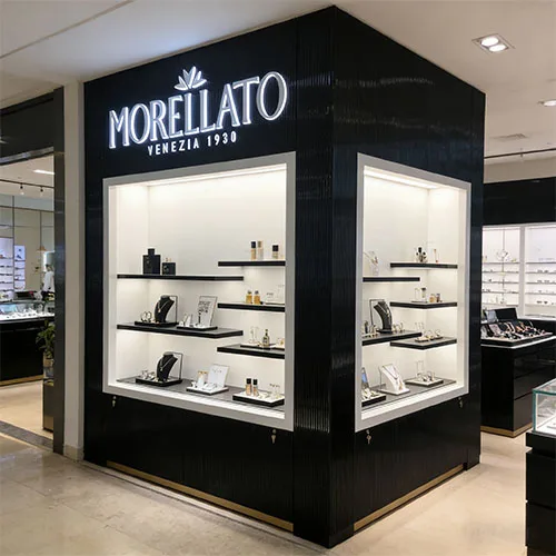 品牌珠宝落地展示柜 | 黑色竖纹LED玻璃展柜 | MORELLATO同款珠宝门店橱窗柜定制