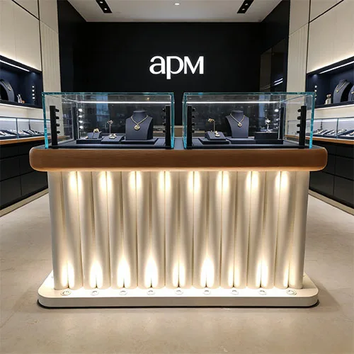 APM同款高端珠宝中岛展柜定制 | 发光圆柱玻璃首饰展示柜 | 奢侈品门店中心陈列柜源头工厂