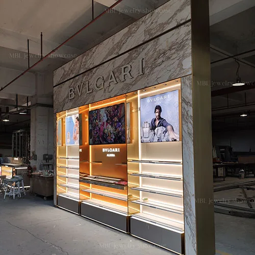 BVLGARI同款奢侈品香水展柜定制 | 大理石纹背柜香水展示柜 | 品牌美妆门店整店陈列柜源头工厂
