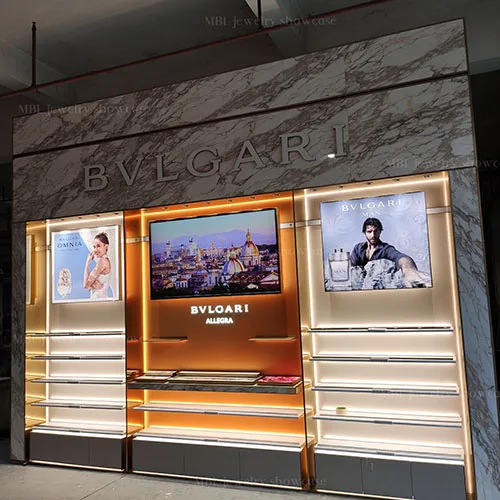 BVLGARI同款奢侈品香水展柜定制 | 大理石纹背柜香水展示柜 | 品牌美妆门店整店陈列柜源头工厂