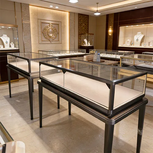 拉丝黑钛金珠宝展柜 极简LED玻璃珠宝销售柜 高端门店成品展示柜