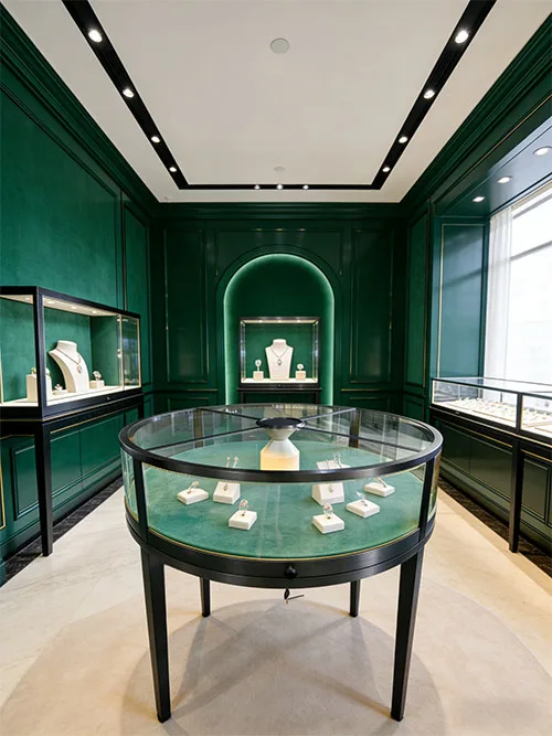 墨绿丝绒圆形珠宝中岛柜 打造门店复古高奢首饰展示台