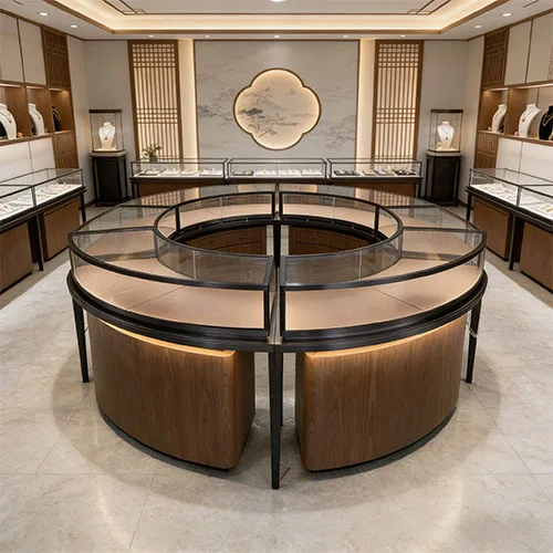 原木风弧形珠宝中岛柜 打造门店自然质感首饰展示区