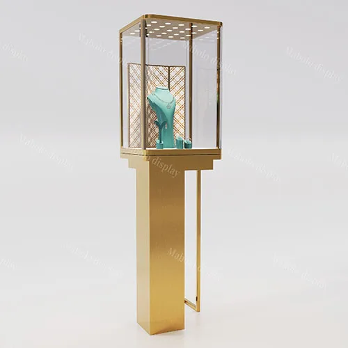 轻奢金色高脚珠宝展柜 | 玻璃罩独立项链展示柜定制