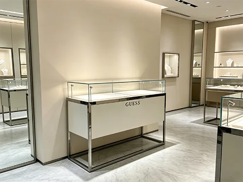 GUESS同款奢侈品展柜_不锈钢镜面珠宝展示柜_品牌首饰陈列柜定制厂家