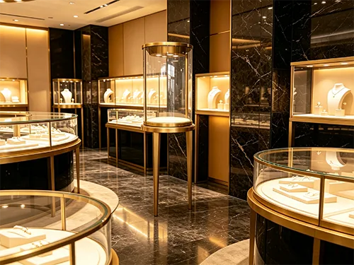 圆柱形立式玻璃珠宝展柜｜高端珠宝店专用展柜定制