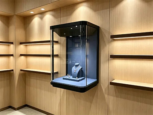 黑色弧形玻璃外挂珠宝展示柜 轻奢壁挂式高奢首饰陈列柜定制