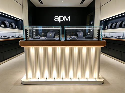 APM同款高端珠宝中岛展柜定制 | 发光圆柱玻璃首饰展示柜 | 奢侈品门店中心陈列柜源头工厂
