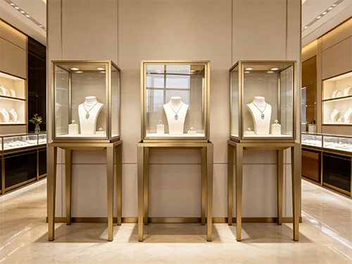 拉丝金独立高柜 | 珠宝店玻璃展柜定制