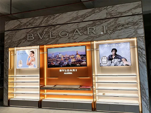 BVLGARI同款奢侈品香水展柜定制 | 大理石纹背柜香水展示柜 | 品牌美妆门店整店陈列柜源头工厂